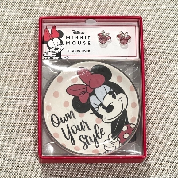 Disney Minnie Mouse Crystal Stud Pink Earrings in Sterling Silver & Trinket Dish - Picture 1 of 3